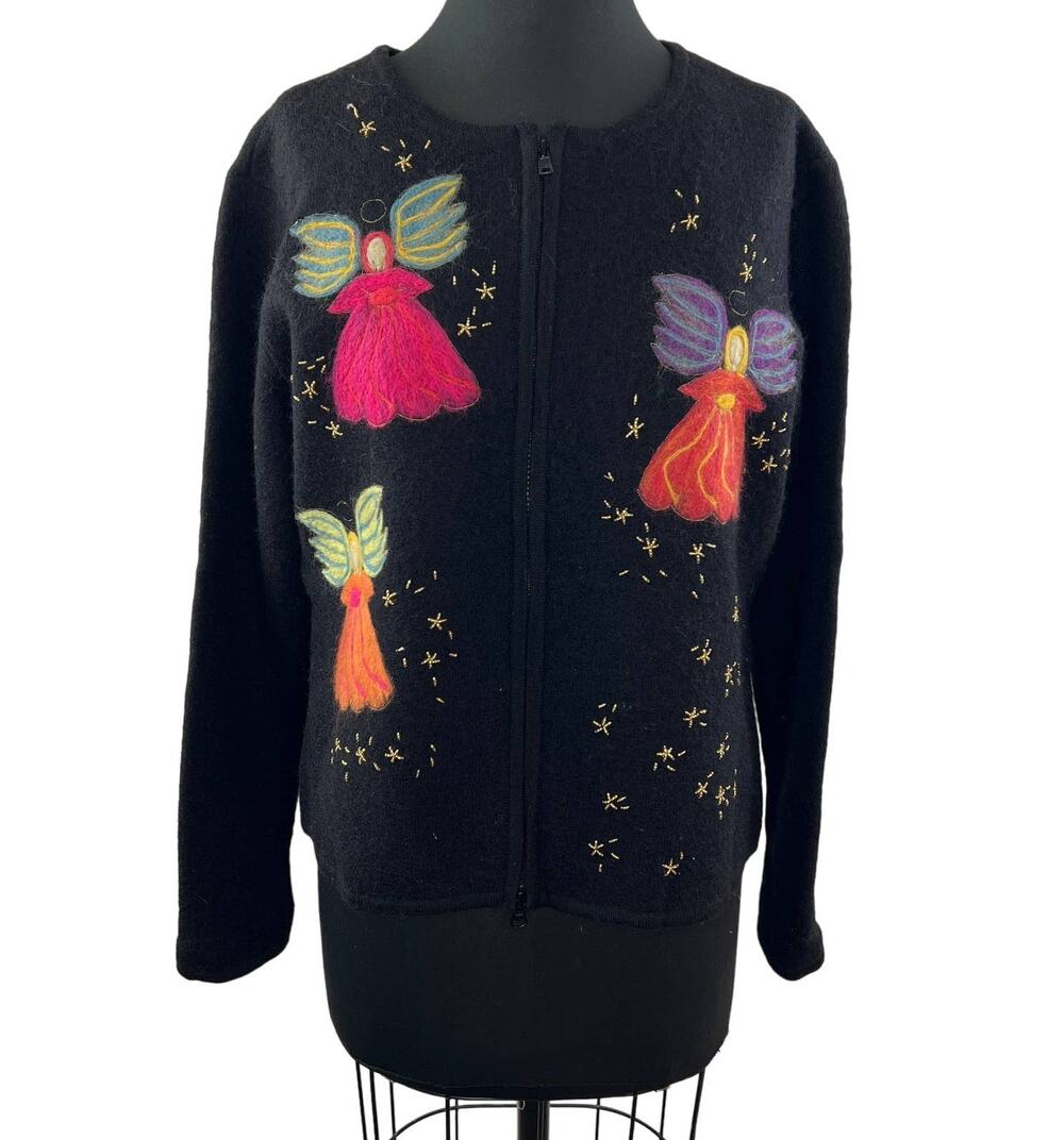 VINTAGE Talbots Black Wool Felted Angels Beaded Accent Zip Front Cardigan Size L